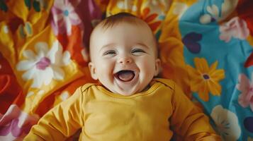 A baby laughing on a colorful blanket photo