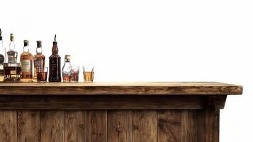 A wooden bar with bottles and glasses on it photo