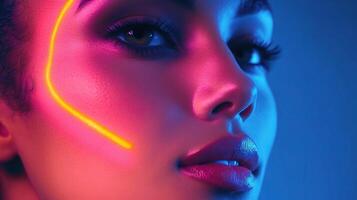 A woman with neon lights on her face photo