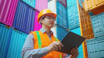 A man in an orange vest and hard hat holding a tablet photo