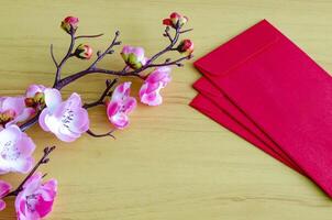 Top view of Chinese New Year decoration with customizable space for text or ideas photo