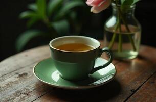 Glass mug hot tea dark background, drink for restaurant menu photo