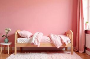 Modern interior of snug children room pink color, playroom in house photo