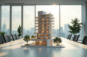 Model multistorey building house stand on architect desk photo