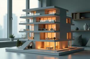 Model multistorey building stand on architect desk office photo