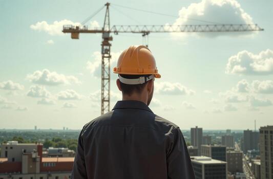 Engineer on constructing site, construction crane build building photo