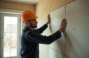 Builder renovate apartment man glues sheets of drywall to wall photo