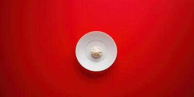 Minimalist dumpling on white plate against bold red background photo