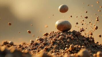 Dynamic image of floating metal spheres above a pile of earthy particles photo