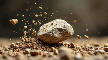 Close-up of pebble impacting sand with dynamic dust and debris particles photo