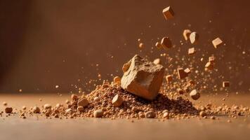 Exploding clay block amidst scattered pebbles in motion photo