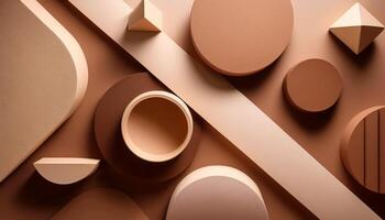 Geometric composition with brown and beige 3d shapes on wooden surface photo