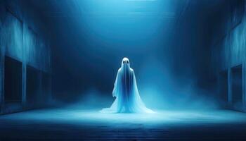 Mysterious ghost in blue-lit abandoned building photo