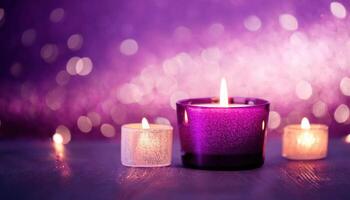 Purple candles glowing with soft bokeh background in tranquil scene photo