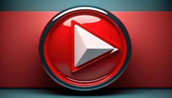 Red metallic play button icon on shiny background photo