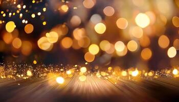 Golden bokeh lights on wooden surface creating warm festive atmosphere photo