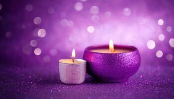 Glowing purple candles on sparkling surface with soft bokeh background photo