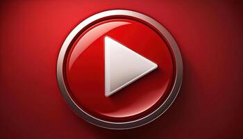 Red play button icon with 3d glossy effect on red background photo
