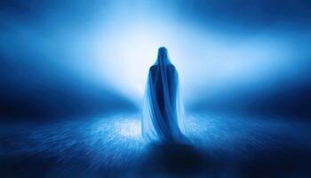 Ethereal figure in blue misty light with mysterious aura photo
