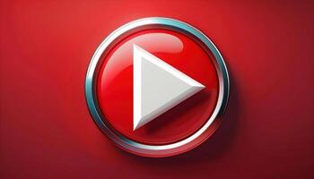 Red play button icon with metallic ring on glossy surface photo