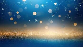 Magical blue and gold bokeh background with sparkling lights photo