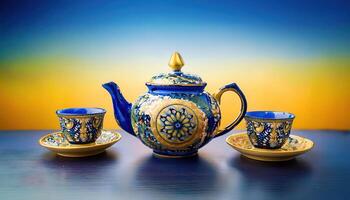 Ornate blue and yellow teapot with matching cups on a wooden table photo