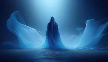 Ethereal blue specter floating in mystical light photo