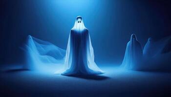 Ethereal ghosts in blue light mysterious figures in a dark atmosphere photo