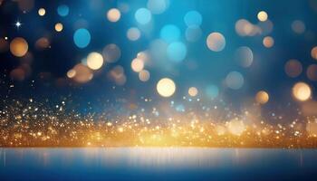 Sparkling blue and gold bokeh lights over reflective surface photo