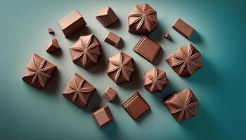 Assorted geometric chocolate pralines on teal surface photo