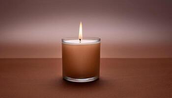 Lit beige candle on brown surface with soft glow, mocha mousse color photo