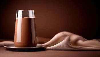 Elegant glass of chocolate milk on luxurious fabric background photo