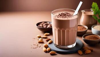 Creamy chocolate almond smoothie with cocoa and nuts on rustic table, mocha mousse color photo