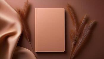 Elegant brown notebook with fabric and decorative feathers on a neutral background photo