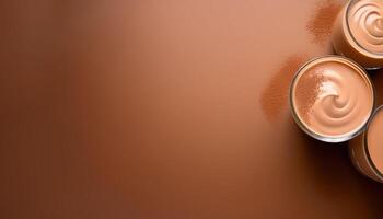 Creamy chocolate mousse in glasses on smooth brown background photo