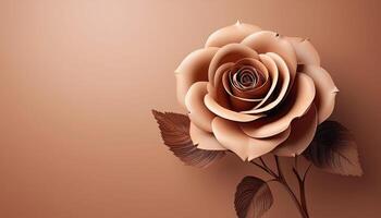 Elegant single brown rose with leaves on smooth gradient background photo