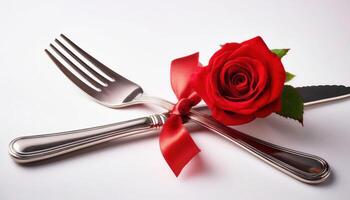 Romantic dining setting with red rose and silverware on white background photo