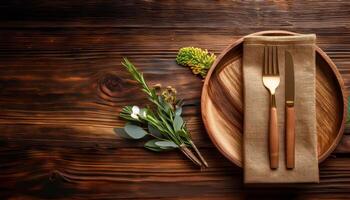 Rustic wooden dining table setting with cutlery and floral arrangement photo