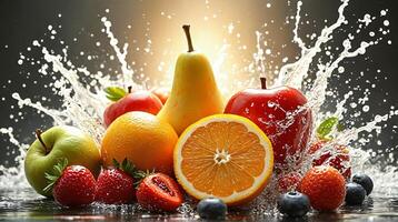 Vibrant Fruits Splashing in Water with Dynamic Background Lighting photo