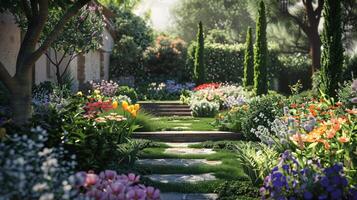 Serene Path Through Lush Garden with Colorful Flowers and Greenery photo