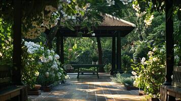Serene Garden Pathway with Lush Greenery and Blooming Flowers photo