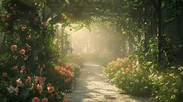 Serene Garden Pathway Bathed in Soft Morning Light and Flowers photo