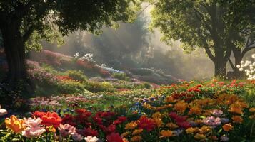 Serene Landscape of Vibrant Flowers in a Sunlit Forest Clearing photo