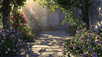 Serene Garden Pathway with Vibrant Flowers and Soft Sunlight photo