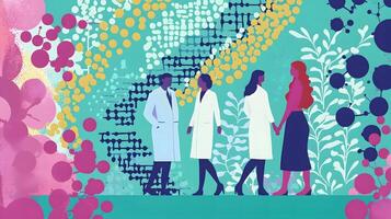 Diverse Scientists Collaborating in Colorful Abstract Environment photo