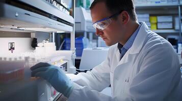 Male Scientist Analyzing Samples in Modern Laboratory Environment photo
