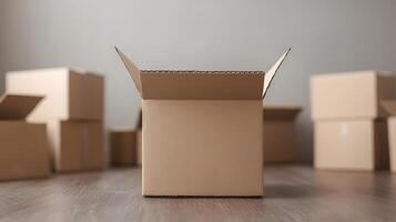 Empty cardboard box with open flaps on wooden floor background photo