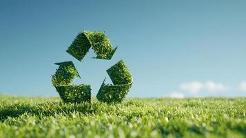 Green Recycling Symbol Made of Grass on Fresh Meadow Background photo