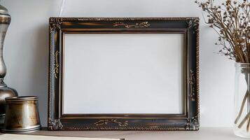 Elegant empty photo frame on a minimalist table with decor items