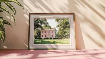 Pink House Surrounded by Lush Greenery on Sunlit Background photo